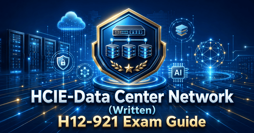 HCIE-Data Center Network H12-921 Exam Guide cover featuring data center servers, cloud networking, AI, and network security concepts.