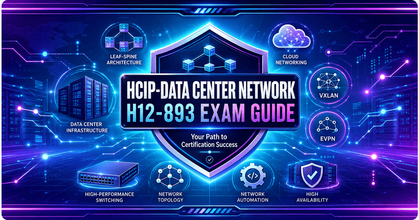 HCIP-Data Center Network H12-893 exam guide featuring VXLAN, EVPN, leaf-spine architecture, network automation, and data center technologies