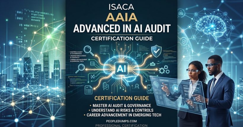 ISACA AAIA Advanced in AI Audit Certification Guide cover featuring IT auditors analyzing AI governance and compliance on a futuristic interface