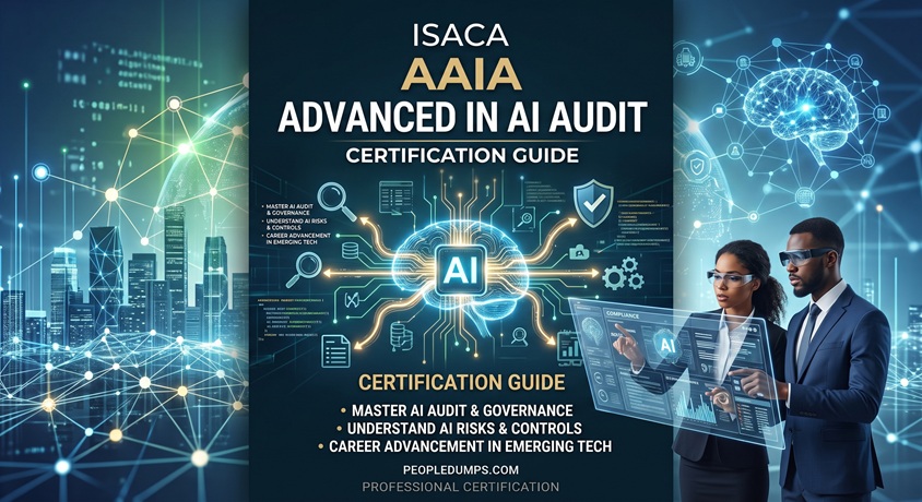 ISACA AAIA Advanced in AI Audit Certification Guide cover featuring IT auditors analyzing AI governance and compliance on a futuristic interface