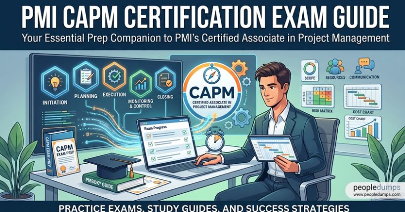 PMI CAPM certification exam guide illustration showing a project manager studying PMBOK Guide concepts, project lifecycle phases, Gantt charts, and exam progress.