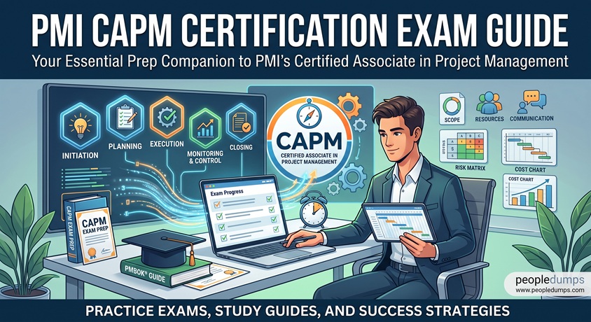 PMI CAPM certification exam guide illustration showing a project manager studying PMBOK Guide concepts, project lifecycle phases, Gantt charts, and exam progress.