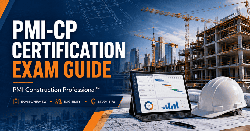 PMI-CP Certification Exam Guide featuring construction project management, project schedules, blueprints, cranes, and a safety helmet.
