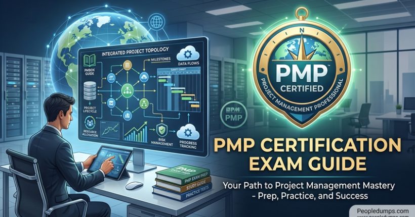 PMP certification exam guide banner illustration featuring a project manager reviewing project lifecycle topologies, Gantt charts, PMBOK guide study materials, and the PMP certified emblem.