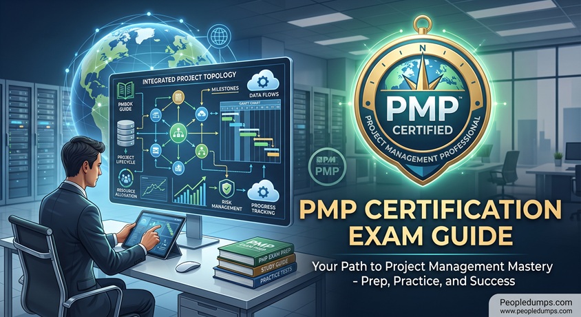 PMP certification exam guide banner illustration featuring a project manager reviewing project lifecycle topologies, Gantt charts, PMBOK guide study materials, and the PMP certified emblem.