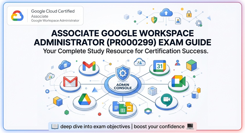 Associate Google Workspace Administrator PR000299 exam guide cover banner featuring the admin console and cloud collaboration tools.