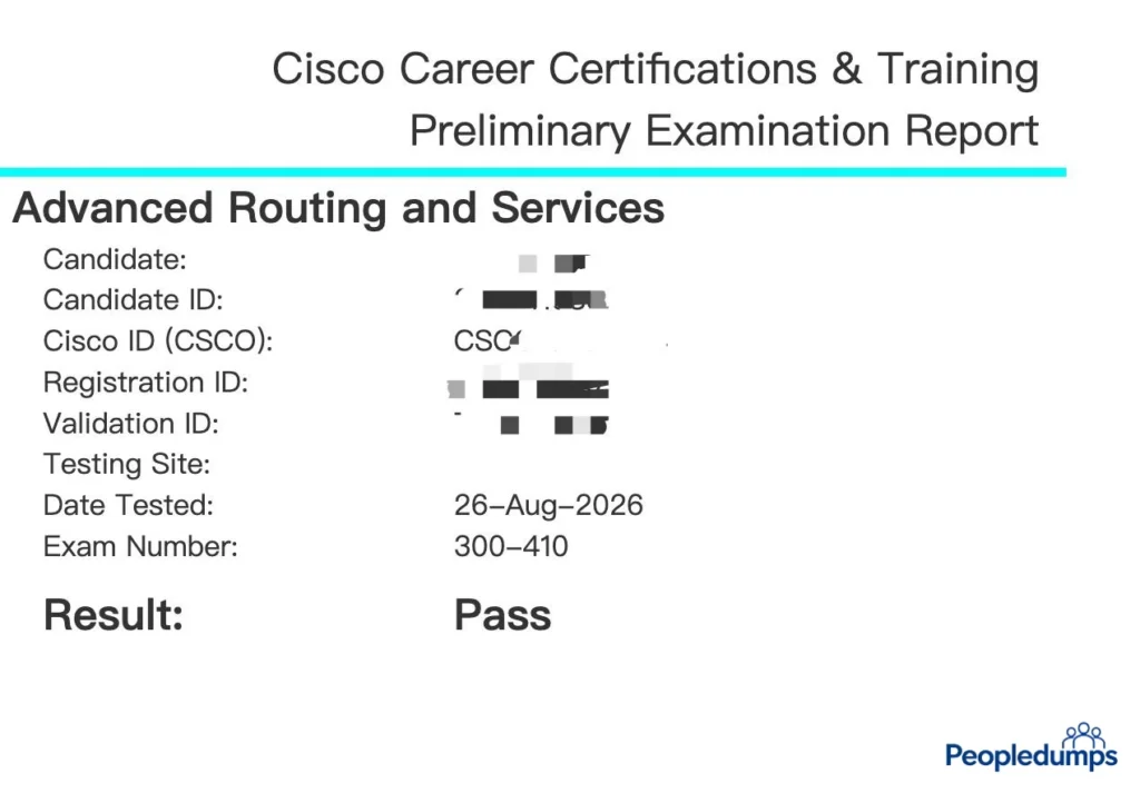 Cisco 300-410 ENARSI preliminary exam report showing a Pass result on August 26, 2026