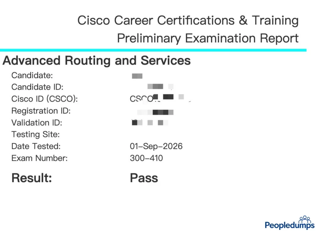 Cisco 300-410 ENARSI preliminary exam report showing a Pass result on September 1, 2026