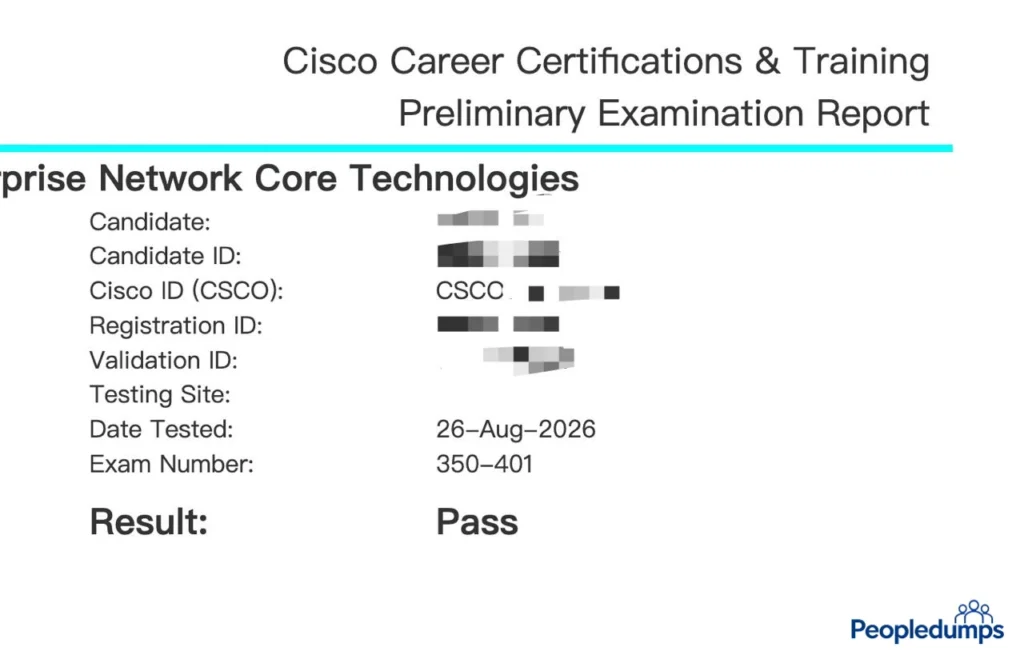 Cisco 350-401 ENCOR preliminary exam report showing a Pass result on August 26, 2026