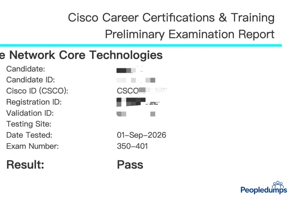 Cisco 350-401 ENCOR preliminary exam report showing a Pass result on September 1, 2026