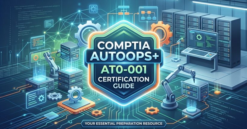 CompTIA AutoOps+ AT0-001 certification guide banner featuring IT automation workflows, robotic process arms, and server infrastructure