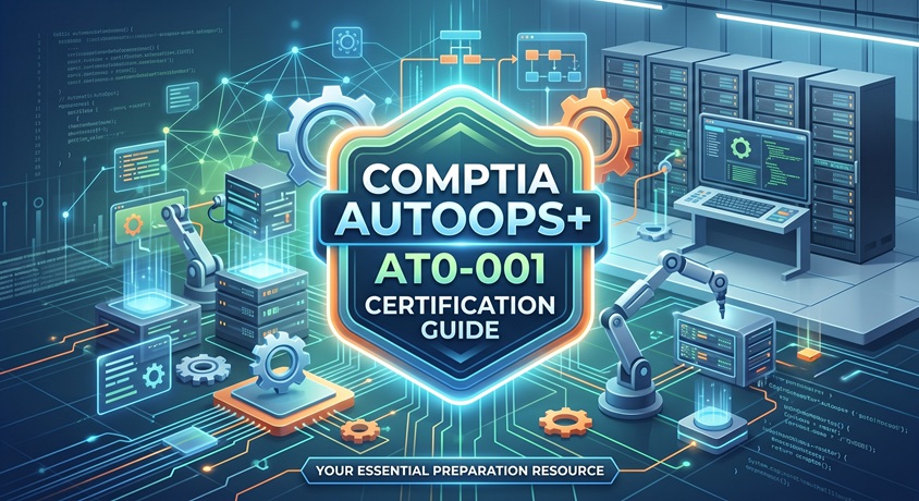 CompTIA AutoOps+ AT0-001 certification guide banner featuring IT automation workflows, robotic process arms, and server infrastructure