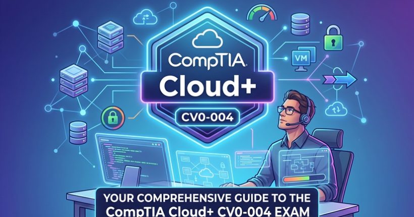 Neon digital illustration of an IT professional at a futuristic desk, surrounded by cloud, server, and network icons, with the CompTIA Cloud+ CV0-004 certification badge prominently featured, promoting a comprehensive exam guide.