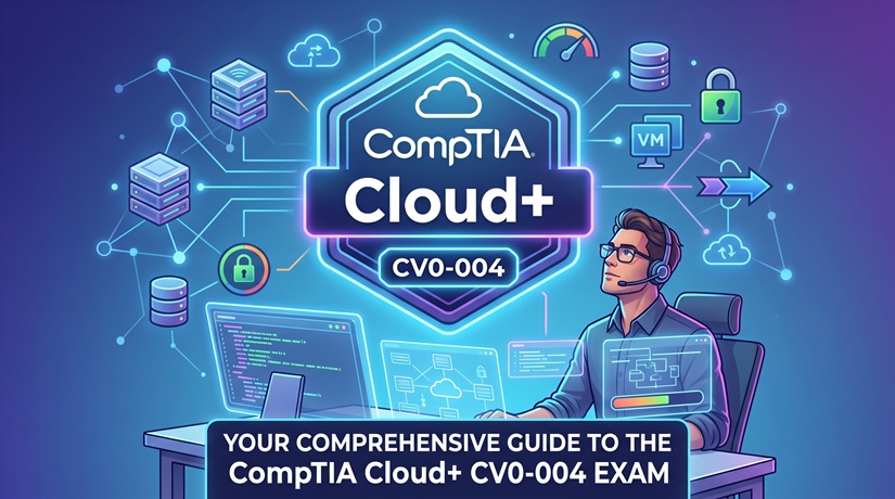 Neon digital illustration of an IT professional at a futuristic desk, surrounded by cloud, server, and network icons, with the CompTIA Cloud+ CV0-004 certification badge prominently featured, promoting a comprehensive exam guide.