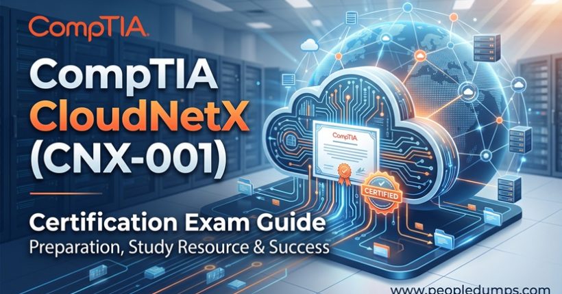 CompTIA CloudNetX CNX-001 certification exam guide illustration showing cloud networking infrastructure and exam preparation concepts.