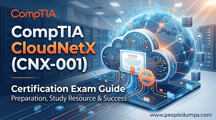 CompTIA CloudNetX CNX-001 certification exam guide illustration showing cloud networking infrastructure and exam preparation concepts.