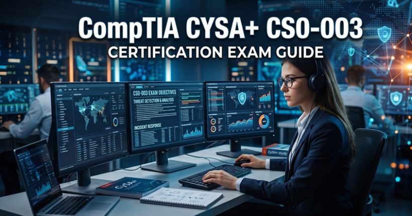CompTIA CySA+ CS0-003 certification exam guide cover showing a cybersecurity analyst monitoring security dashboards in a SOC.