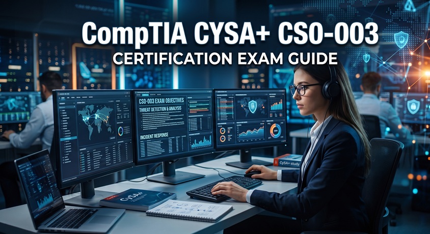 CompTIA CySA+ CS0-003 certification exam guide cover showing a cybersecurity analyst monitoring security dashboards in a SOC.