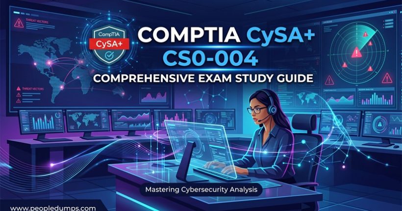 CompTIA CySA+ CS0-004 exam study guide cover featuring a cybersecurity analyst working in a modern SOC operations center