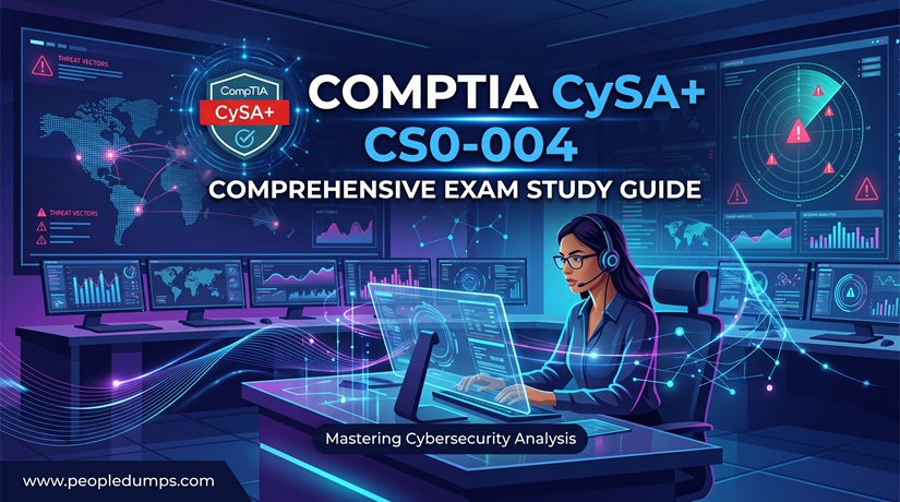 CompTIA CySA+ CS0-004 exam study guide cover featuring a cybersecurity analyst working in a modern SOC operations center
