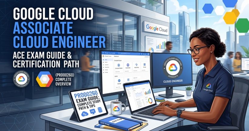 Google Cloud Associate Cloud Engineer ACE PR000260 exam study guide cover showing a cloud engineer working on the GCP console and cloud infrastructure.