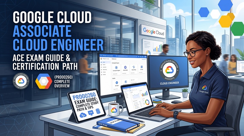 Google Cloud Associate Cloud Engineer ACE PR000260 exam study guide cover showing a cloud engineer working on the GCP console and cloud infrastructure.