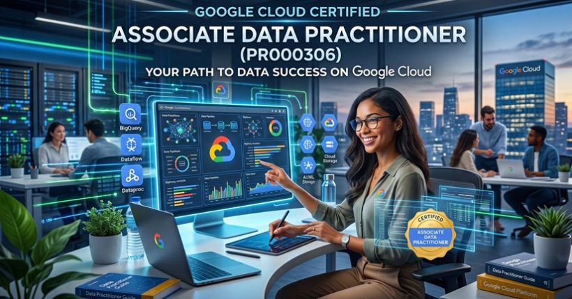 Google Cloud Certified Associate Data Practitioner PR000306 certification guide with cloud data analytics dashboard