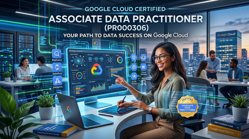 Google Cloud Certified Associate Data Practitioner PR000306 certification guide with cloud data analytics dashboard