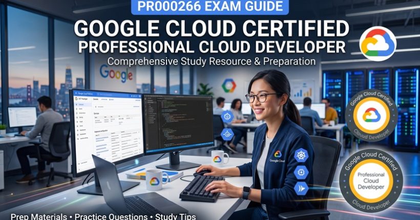 Google Cloud Certified Professional Cloud Developer PR000266 exam guide banner with developer workstation and cloud certification badges