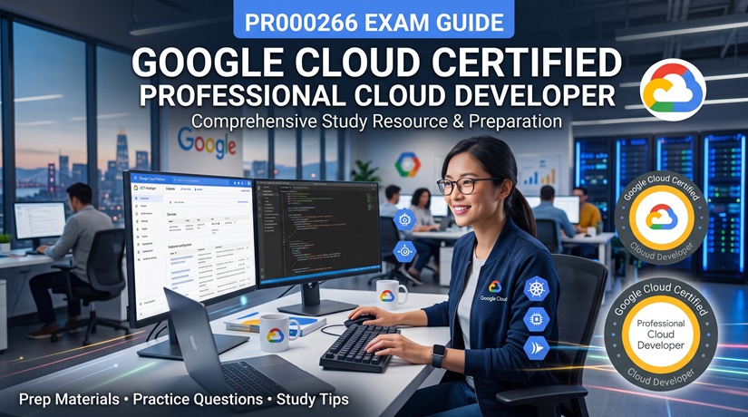 Google Cloud Certified Professional Cloud Developer PR000266 exam guide banner with developer workstation and cloud certification badges