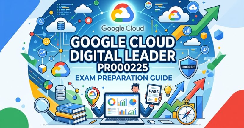An illustrative infographic for the Google Cloud Digital Leader (PR000225) Exam Preparation Guide, featuring study materials, service icons, and a successful professional passing the certification.