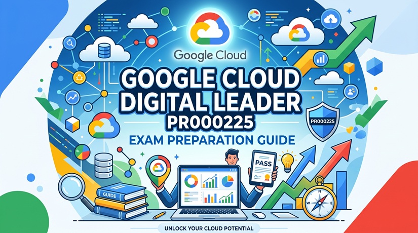 An illustrative infographic for the Google Cloud Digital Leader (PR000225) Exam Preparation Guide, featuring study materials, service icons, and a successful professional passing the certification.