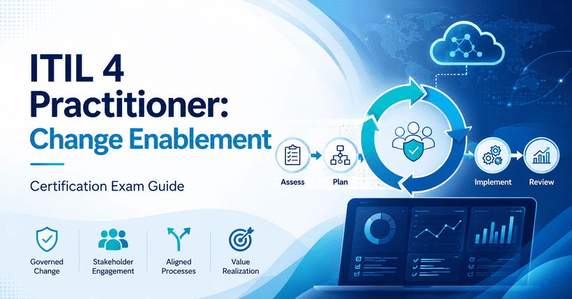 ITIL 4 Practitioner Change Enablement certification exam guide with change management, governance, workflow, and IT service management concepts