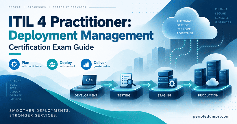 ITIL 4 Practitioner Deployment Management certification exam guide with development, testing, staging and production deployment workflow