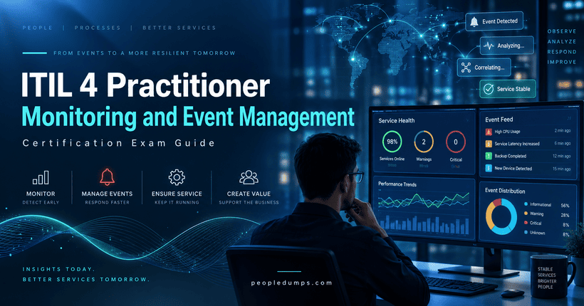 ITIL 4 Practitioner Monitoring and Event Management certification exam guide with IT service monitoring dashboard and event alerts