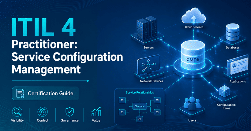 ITIL 4 Practitioner Service Configuration Management certification guide with CMDB, configuration items, cloud services, servers, databases, and service relationships