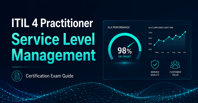 ITIL 4 Practitioner Service Level Management certification exam guide with SLA performance, service quality, and customer value dashboard