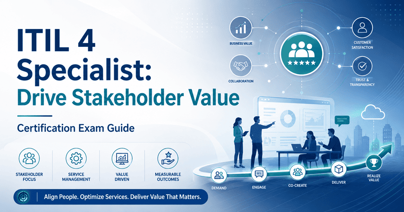 ITIL 4 Specialist Drive Stakeholder Value certification exam guide covering stakeholder management, customer journey, service management, and value co-creation