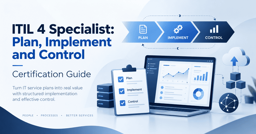 ITIL 4 Specialist Plan Implement and Control certification guide cover with plan, implement, and control workflow