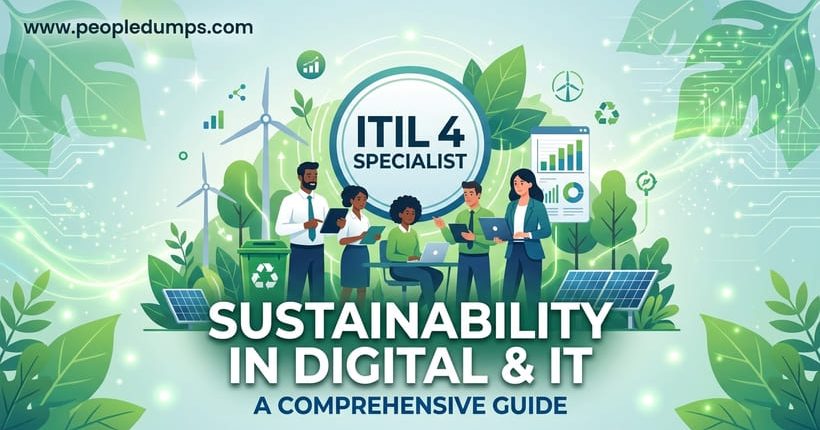 Illustration cover image for ITIL 4 Specialist Sustainability in Digital and IT Certification Guide featuring green technology and IT concepts.