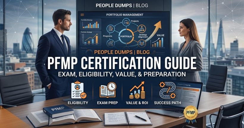 PfMP Certification Guide banner illustrating portfolio management strategy, exam eligibility, preparation roadmap, and professional value.