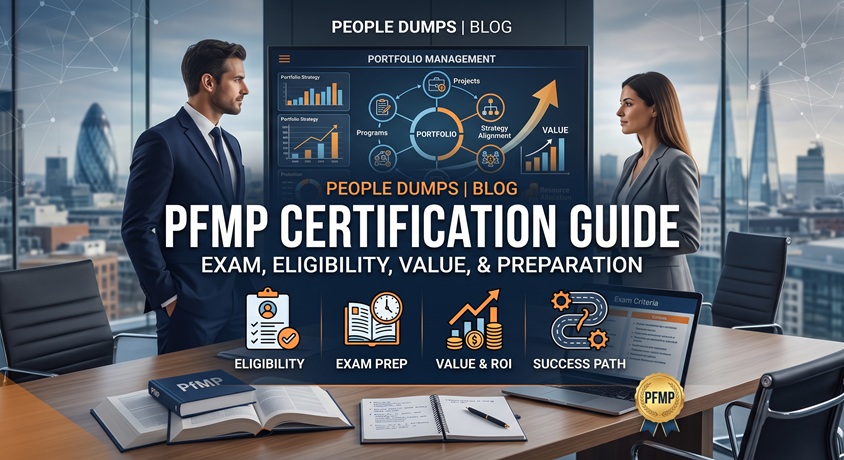 PfMP Certification Guide banner illustrating portfolio management strategy, exam eligibility, preparation roadmap, and professional value.
