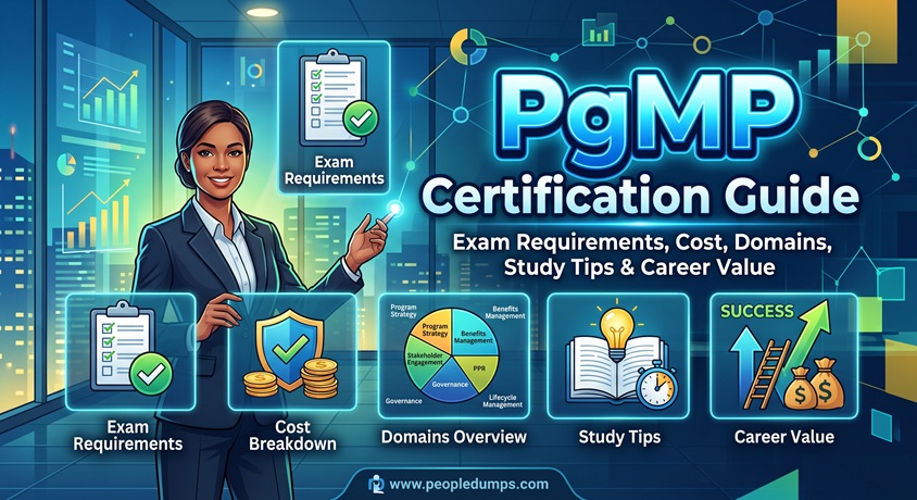 PgMP certification guide overview illustrating exam requirements, cost breakdown, core domains, study tips, and career value.
