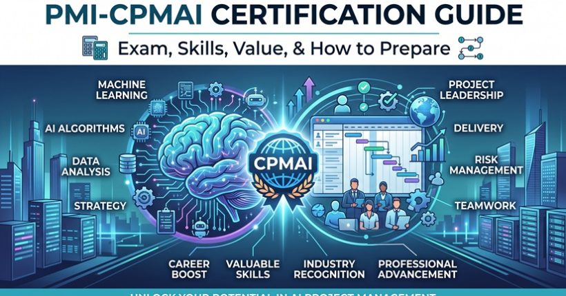 PMI-CPMAI Certification Guide cover illustrating AI technology concepts and project management workflows.