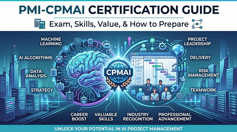 PMI-CPMAI Certification Guide cover illustrating AI technology concepts and project management workflows.