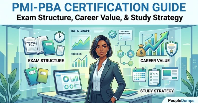 PMI-PBA certification guide illustration showcasing exam structure, career value, and study strategies for business analysts.