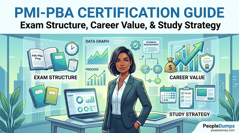 PMI-PBA certification guide illustration showcasing exam structure, career value, and study strategies for business analysts.