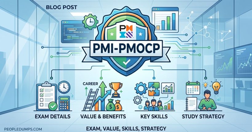 PMI-PMOCP certification exam guide banner showing exam details, career value, key PMO skills, and study strategies.