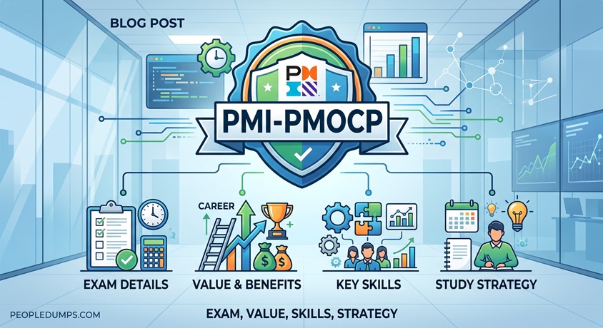 PMI-PMOCP certification exam guide banner showing exam details, career value, key PMO skills, and study strategies.