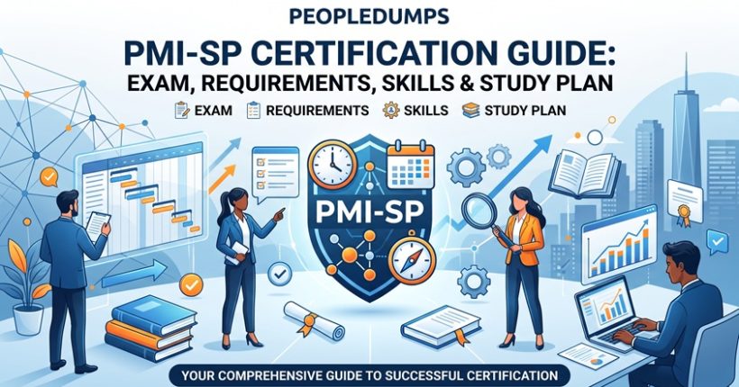 PMI-SP Certification Guide overview illustrating exam preparation, eligibility requirements, scheduling skills, and study plan.